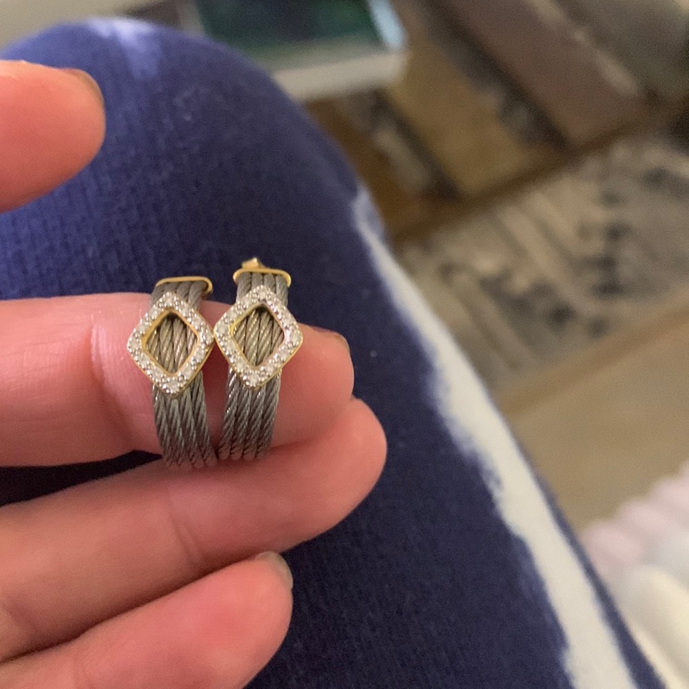Phillipe Charriol Steel and 18 Karat Yellow Gold Diamond Hoop Earrings